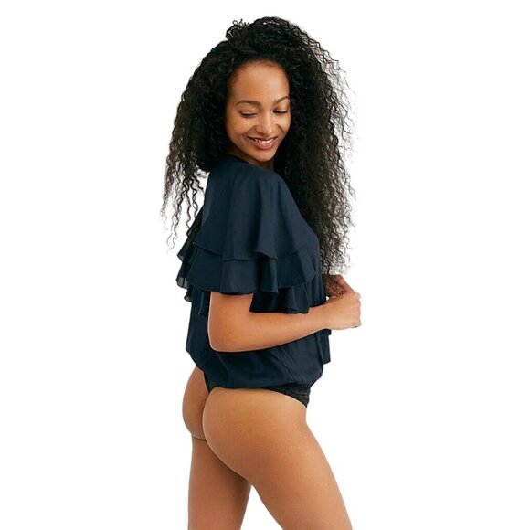 Free People Intimately Call Me Later Thong Bodysuit Size XS Ruffle Black Flowy - Picture 3 of 9